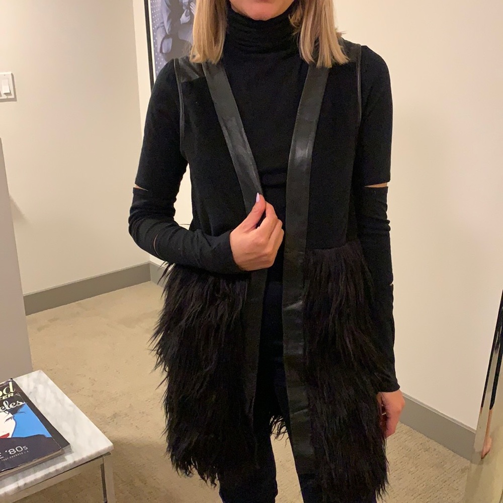 Aryn K. Faux fur vest with leather trim
